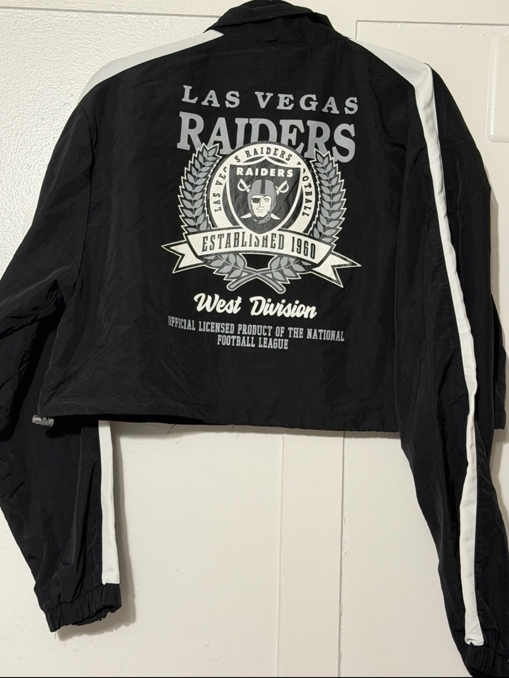 NFL Las Vegas Raiders Black and White Cropped Windbreaker Jacket